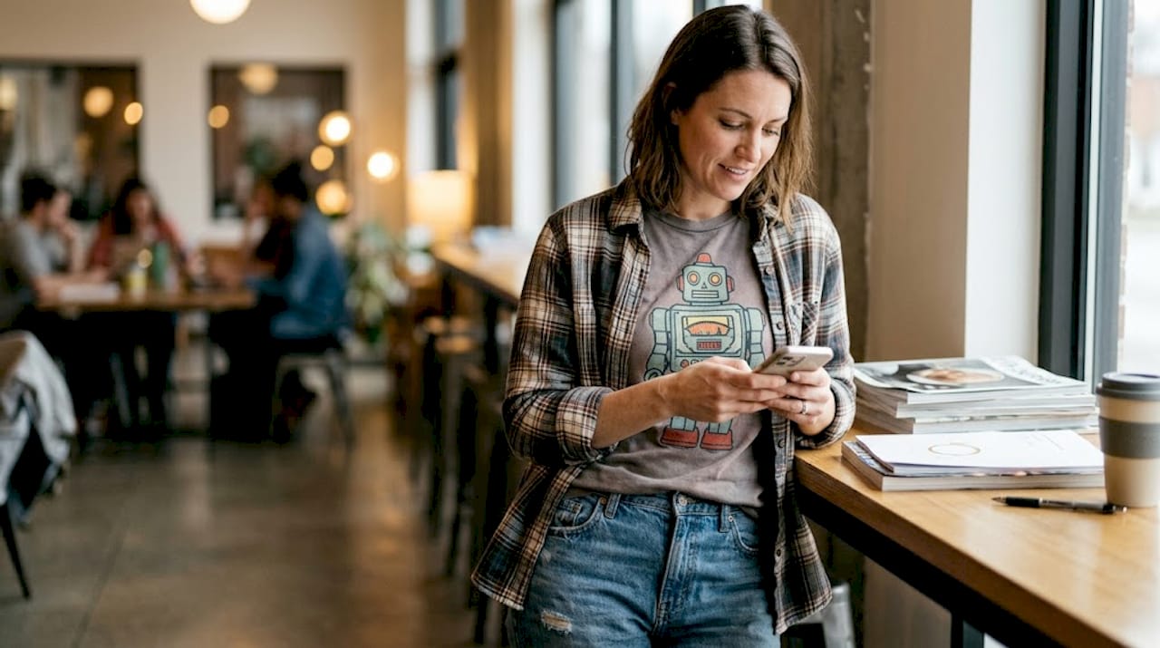 Woman in retro robot tee checking her phone