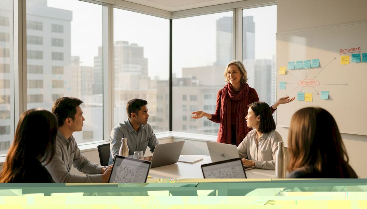 Manager reviewing lean Kaizen process charts