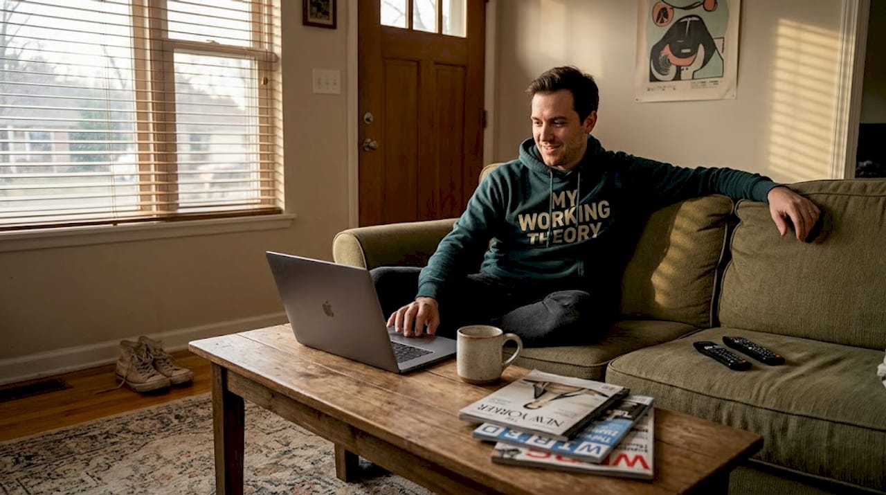 Man in graphic hoodie working at home