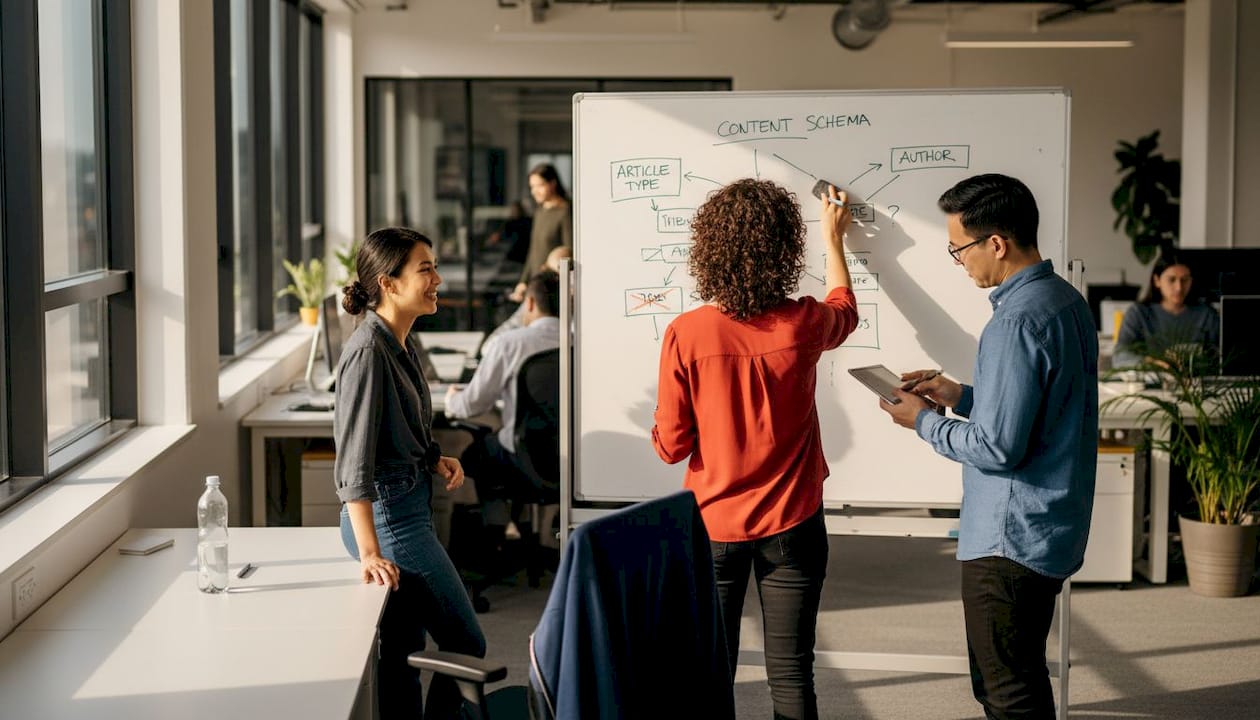 Team updating content model on whiteboard