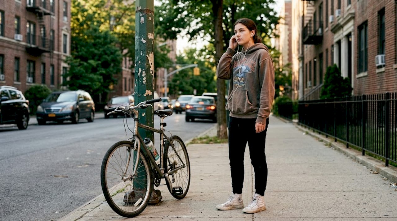 Woman in vintage logo hoodie at crosswalk