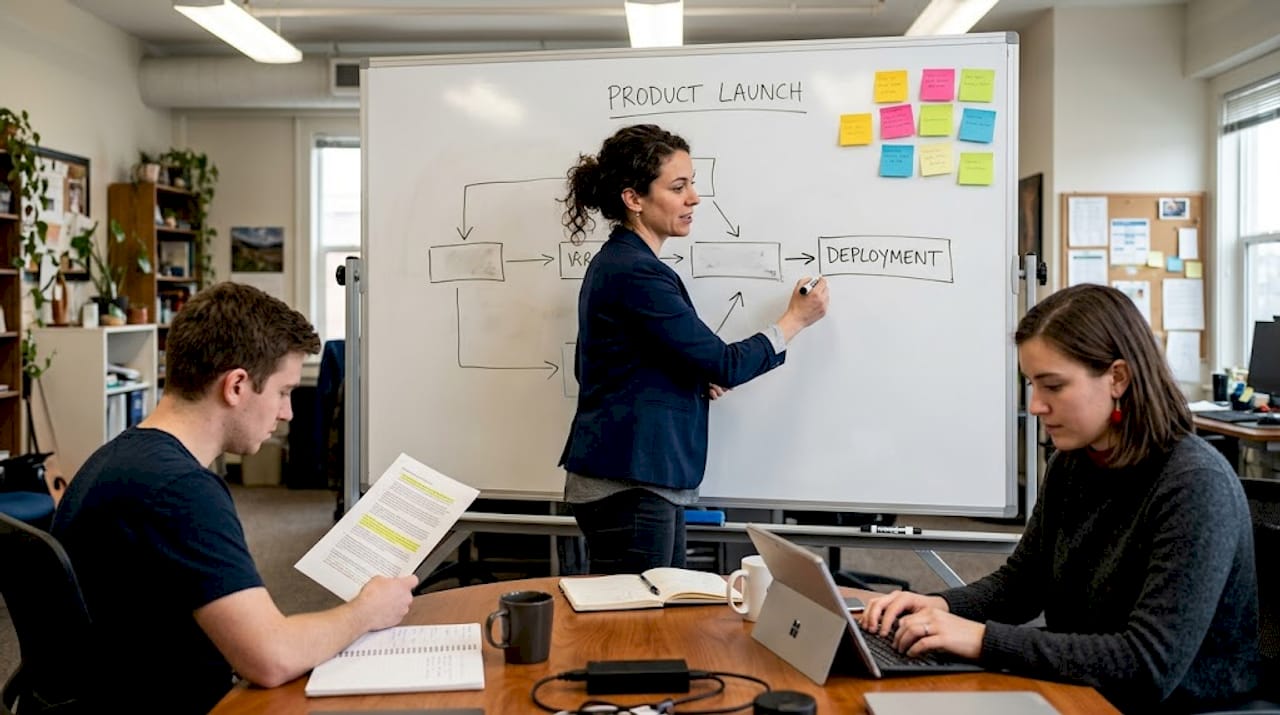 Team mapping workflow steps on whiteboard