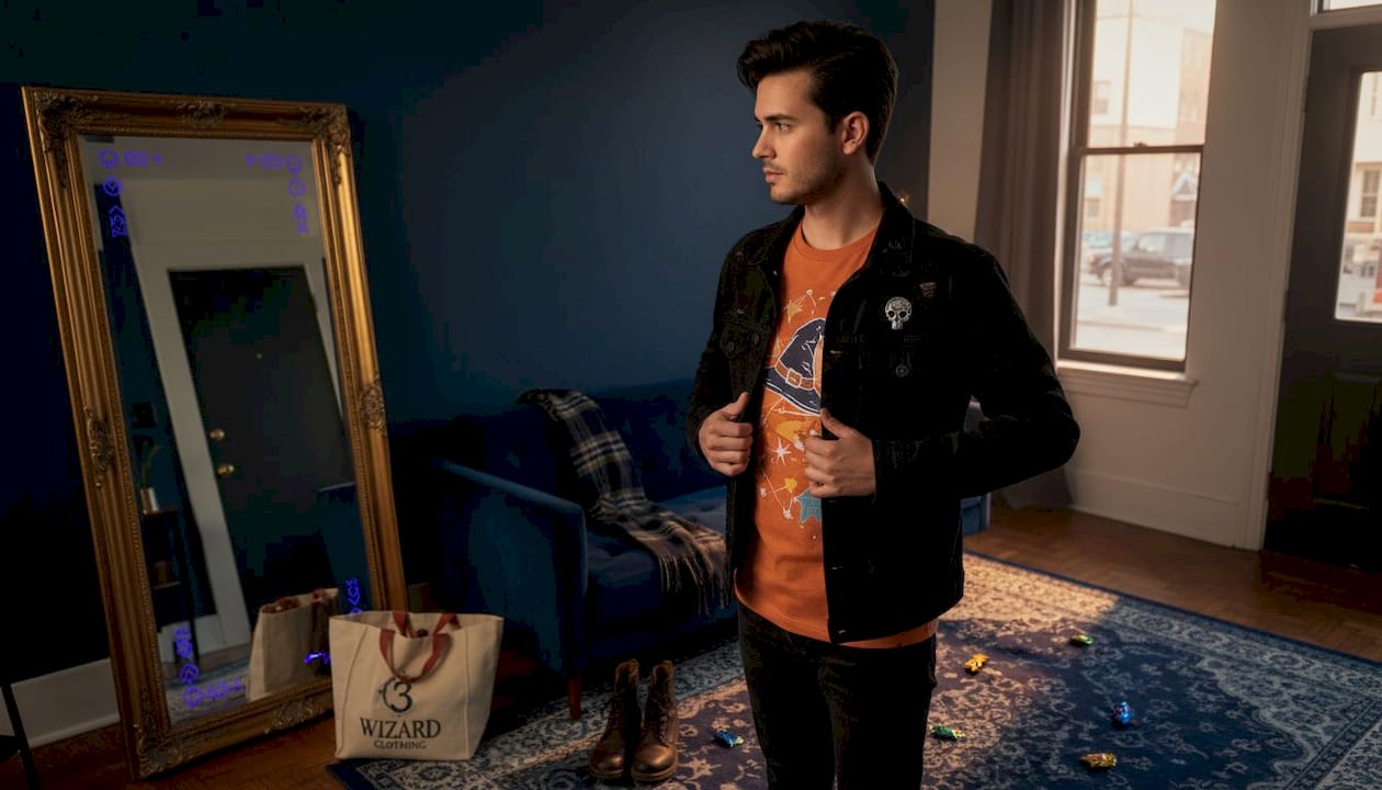 Man layering jackets for Halloween outfit