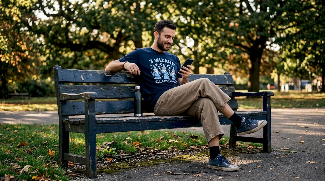 Man in wide-leg denim and graphic tee outdoors