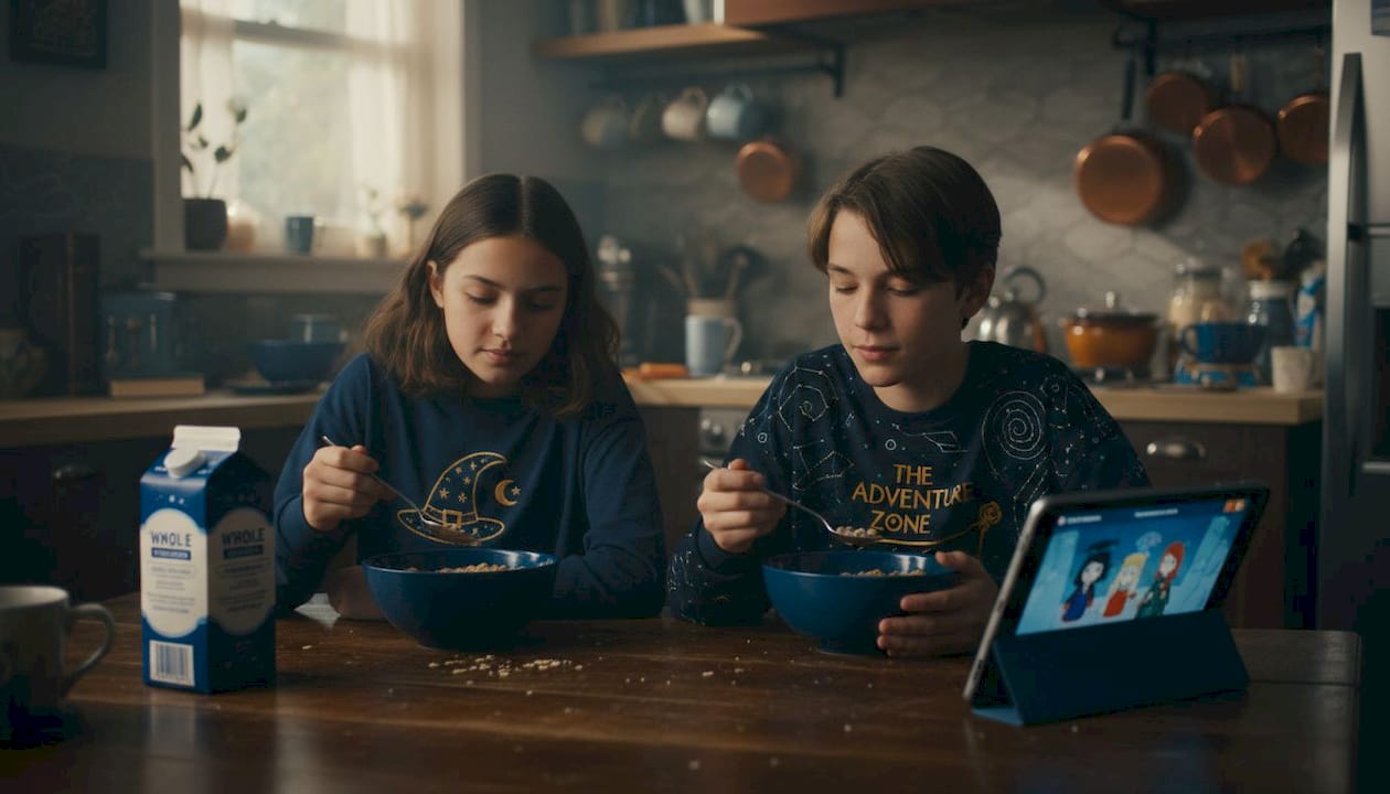 Siblings with matching shirts at breakfast