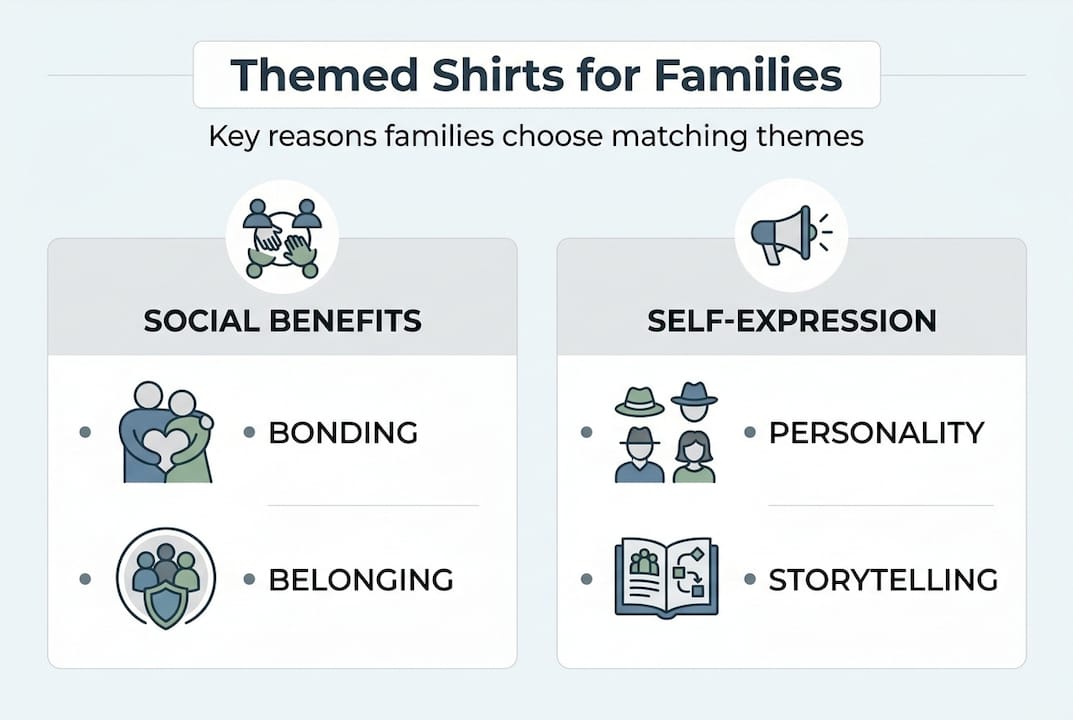 Infographic showing themed shirt family benefits