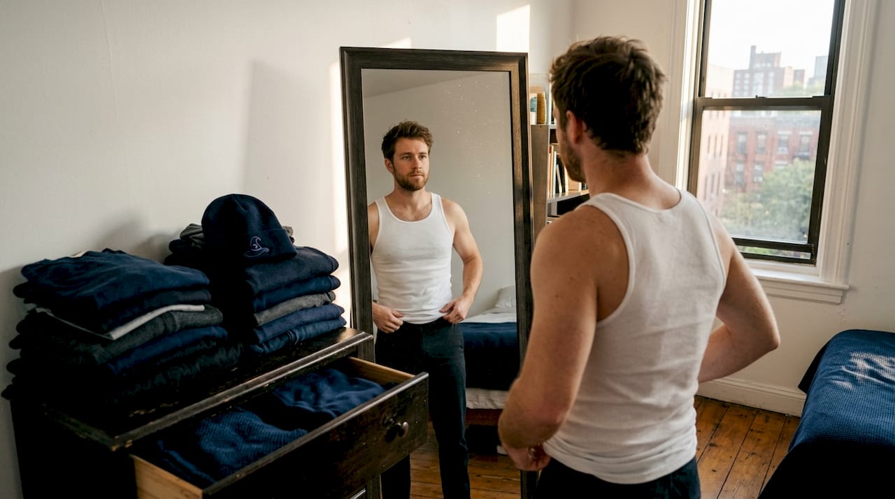Man checking tank top fit in mirror