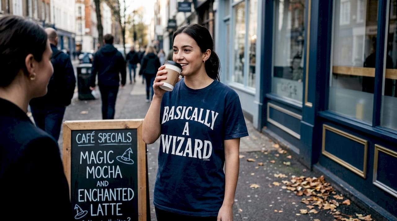 Woman in meme-inspired t-shirt on sidewalk