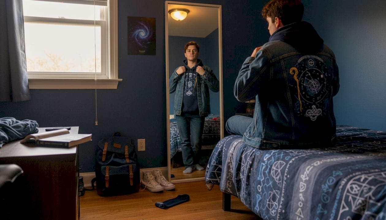 Layering denim jacket over graphic hoodie in bedroom