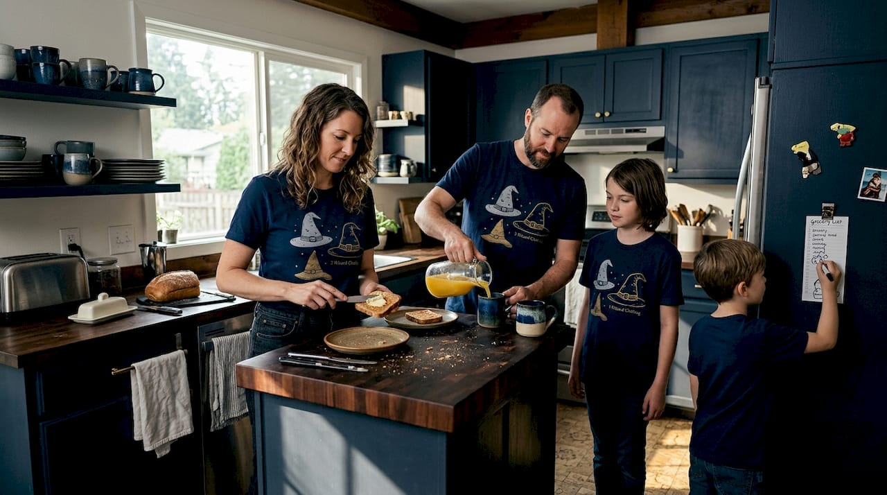 Family in matching graphic tees at breakfast