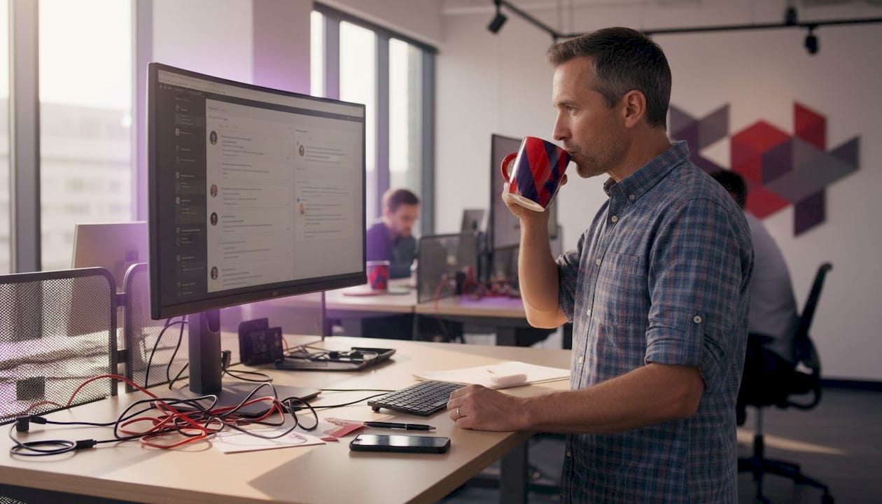Man reviewing chat messages on monitor