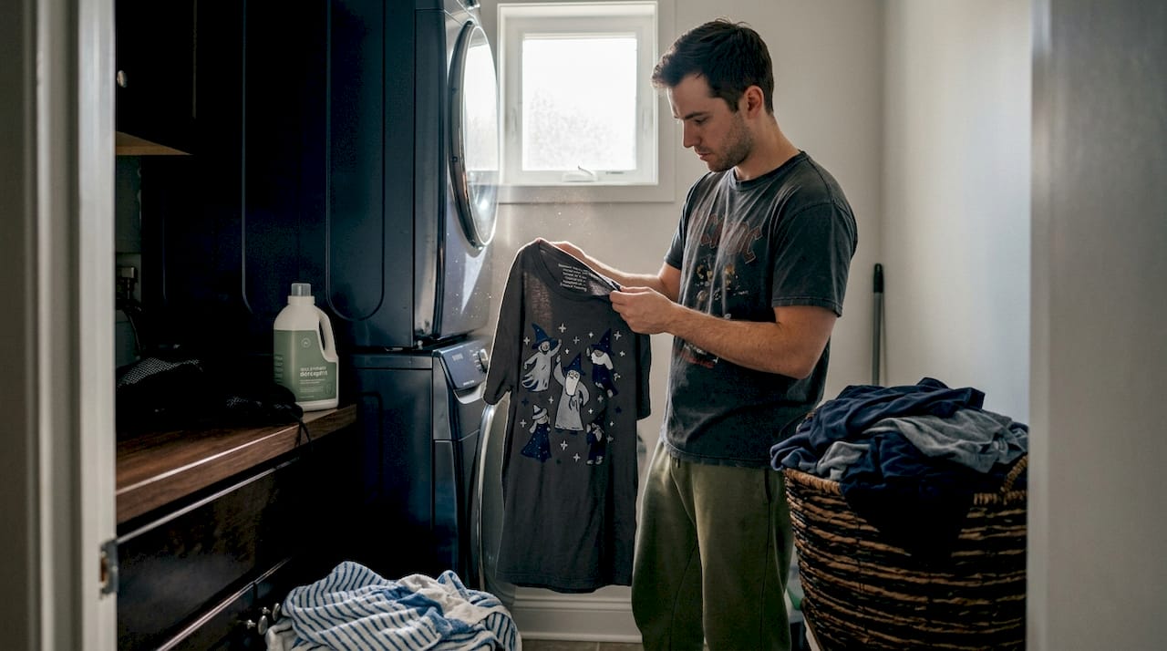Man reads novelty shirt laundry care label