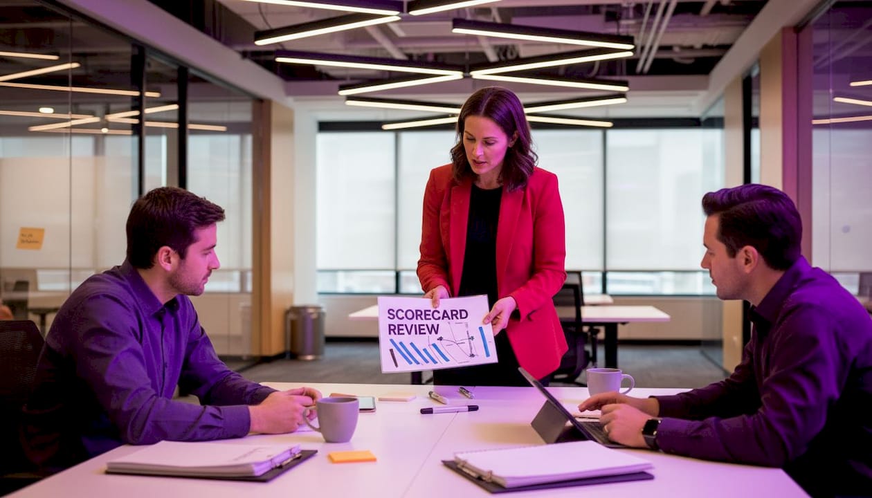 Project team reviews transformation scorecard