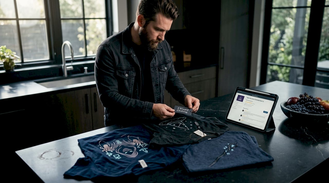 Man reviewing t-shirts on kitchen island