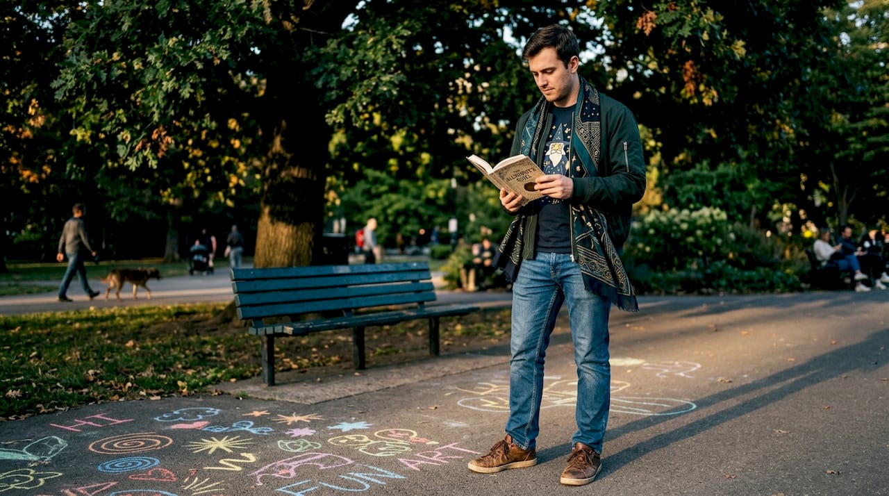 Man with graphic tee and unique scarf