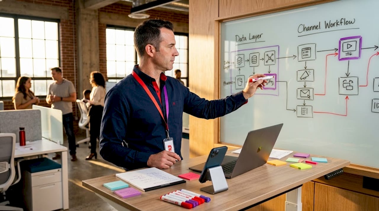 Marketing specialist reviews workflow diagram