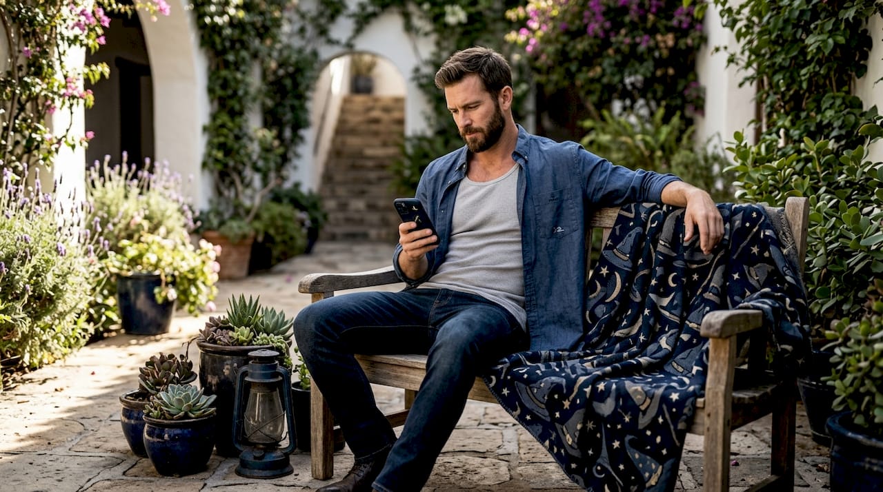 Man layering waffle tank top at home