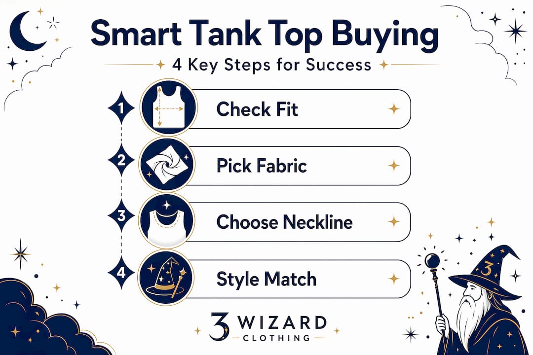 Infographic shows four steps to buying tank tops
