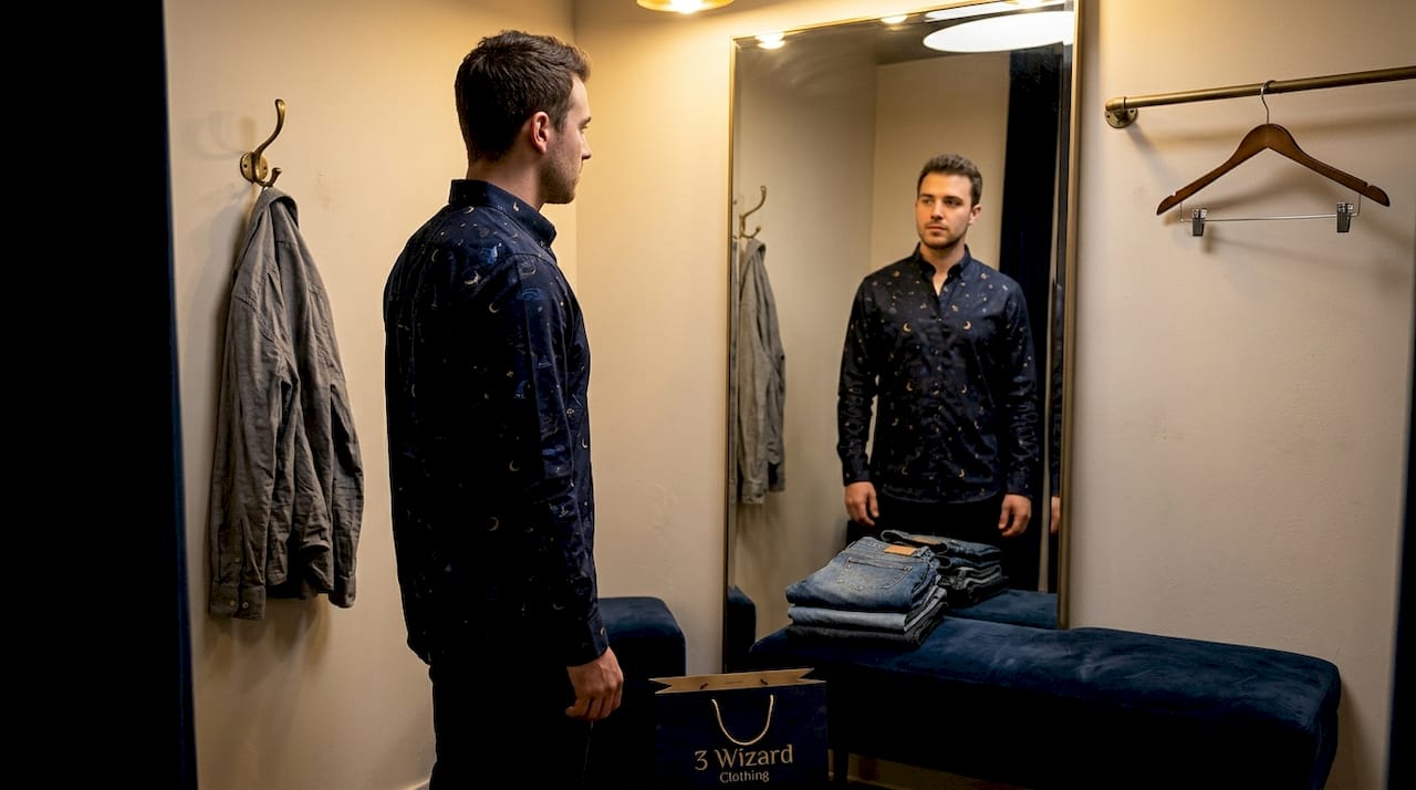 Man checking shirt fit in store fitting room