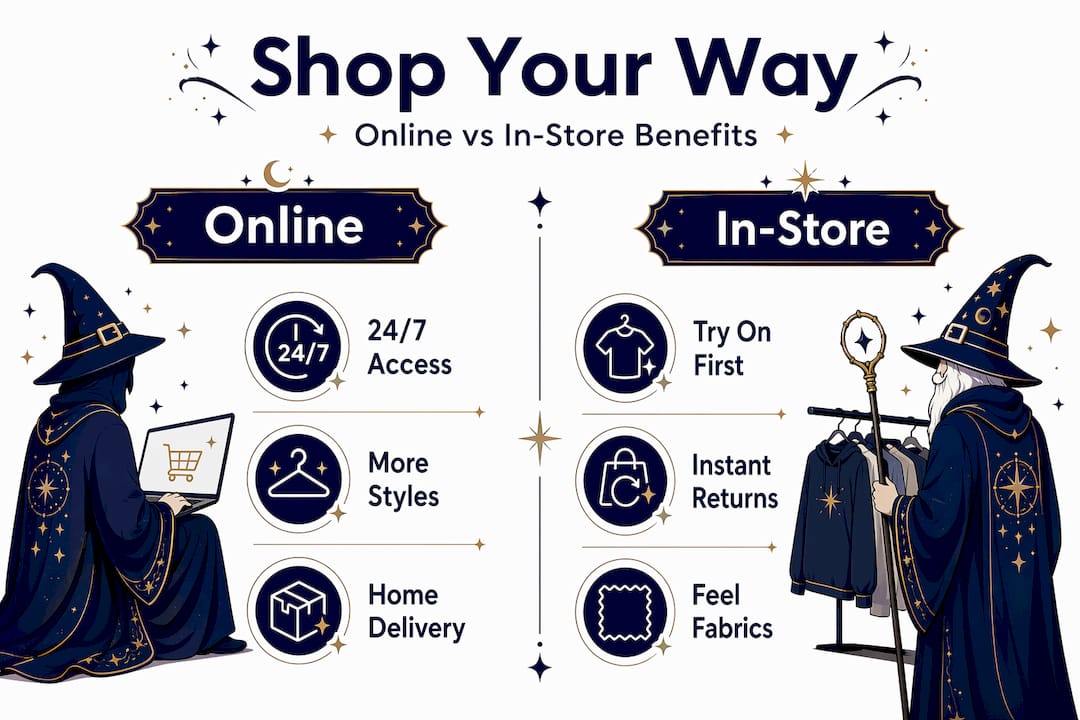 Infographic comparing online and in-store apparel shopping benefits
