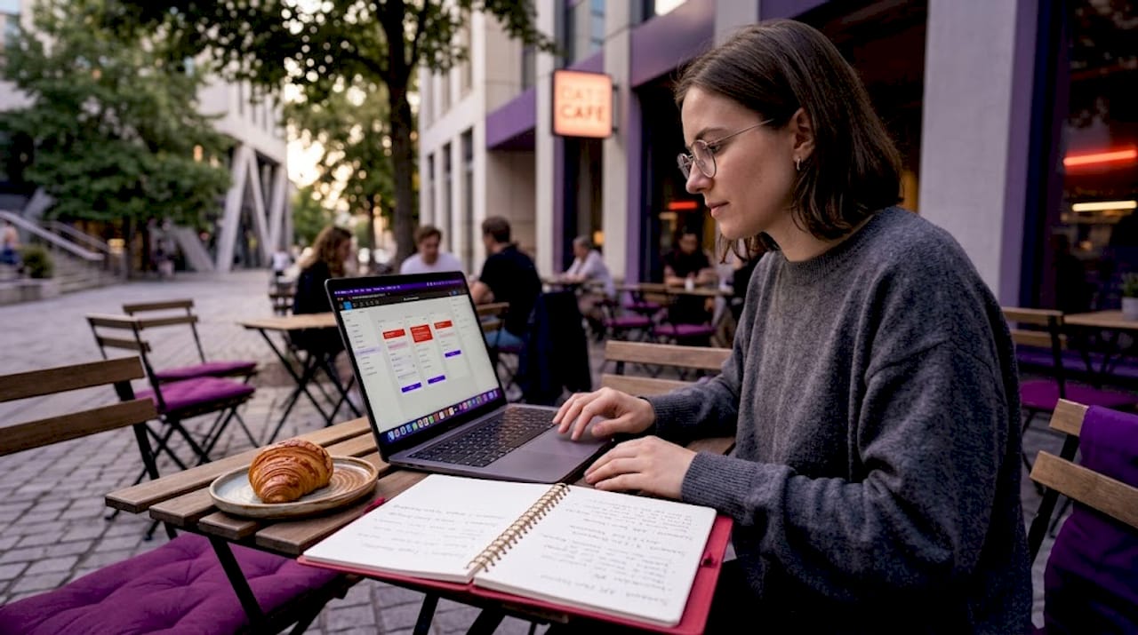 UX designer testing app interface in café