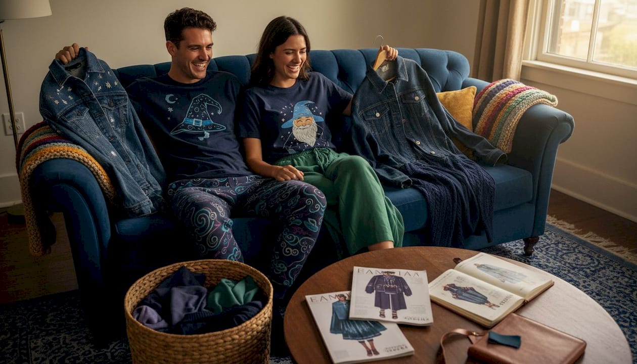 Young adults choosing themed apparel in living room
