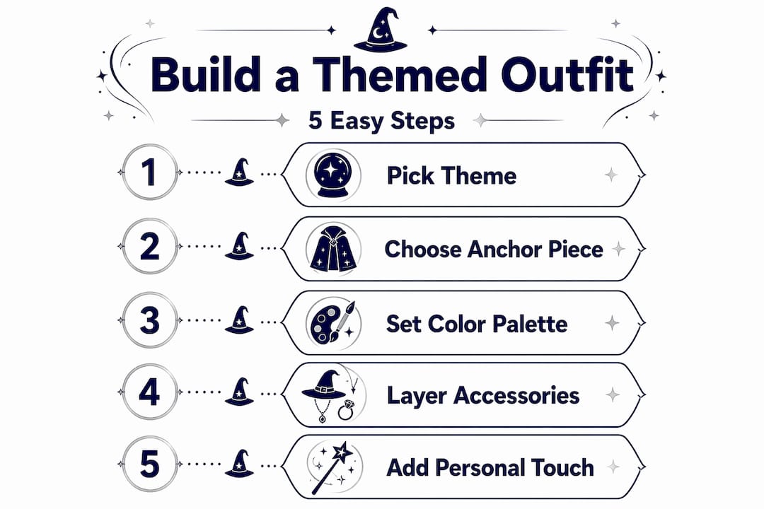 Infographic guides building a themed outfit step by step