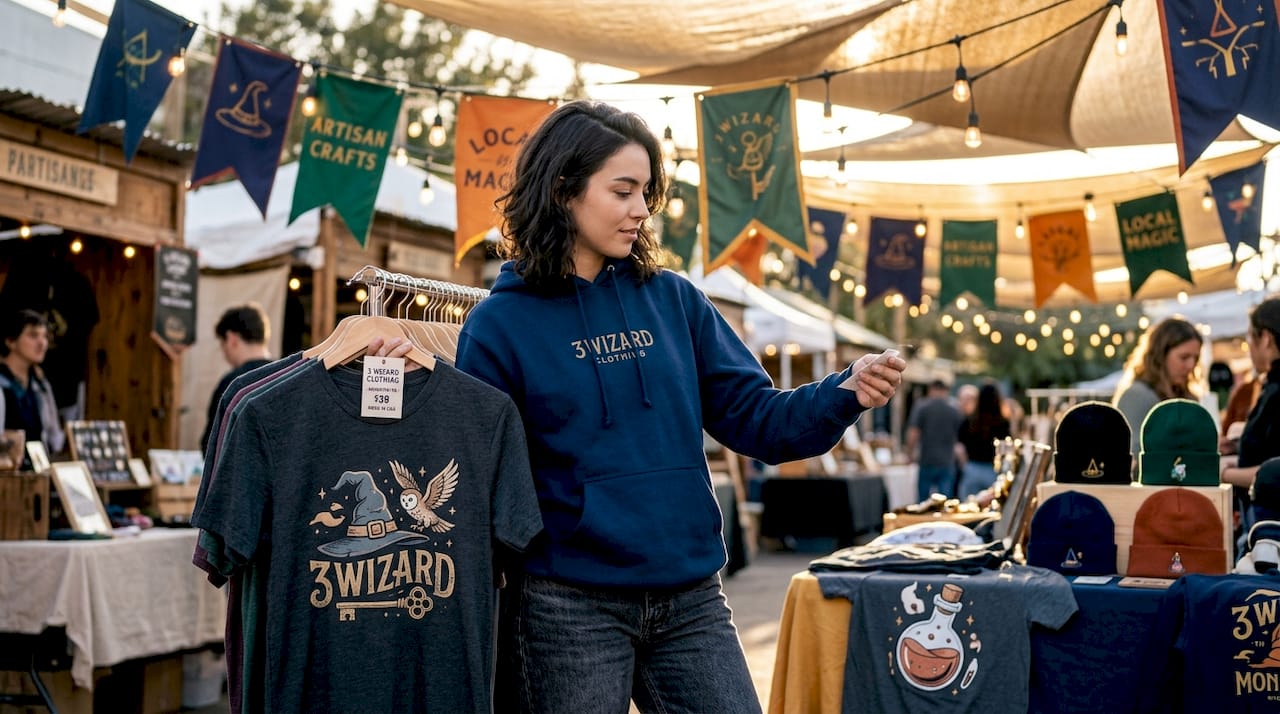 Teen shopping for graphic tees in boutique