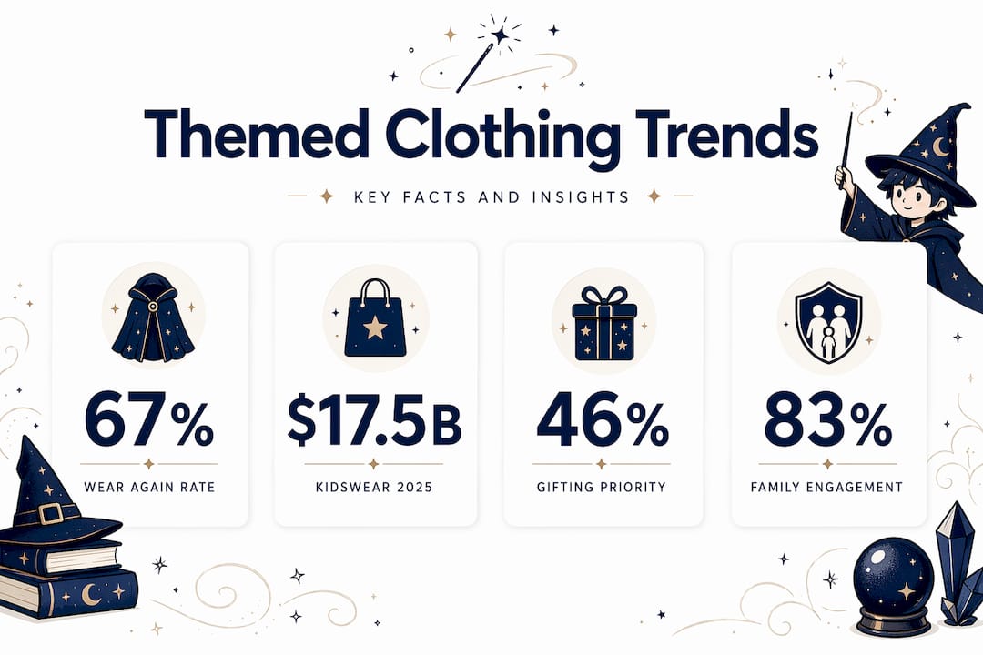 Stat infographic showing themed clothing market facts