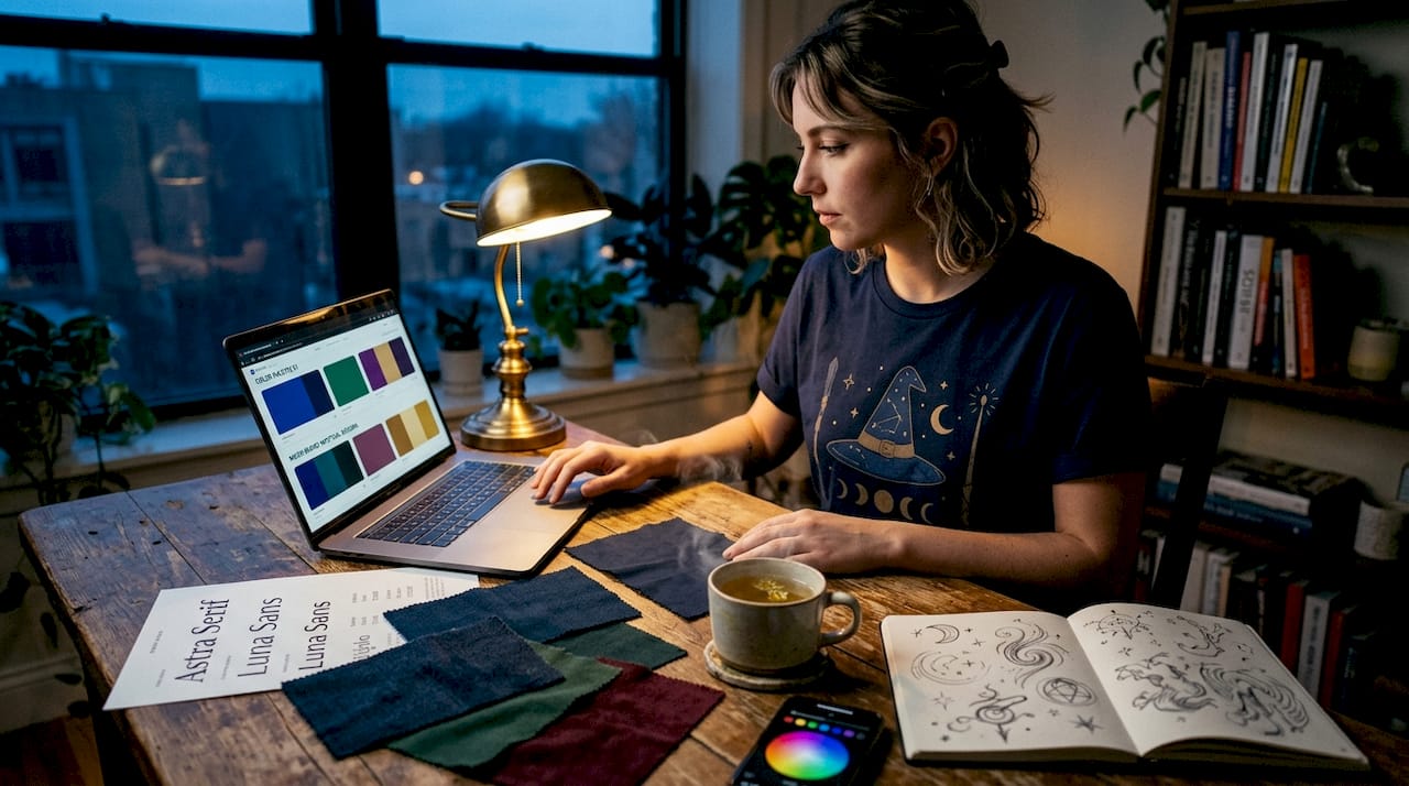 Designer picking t-shirt colors and fonts