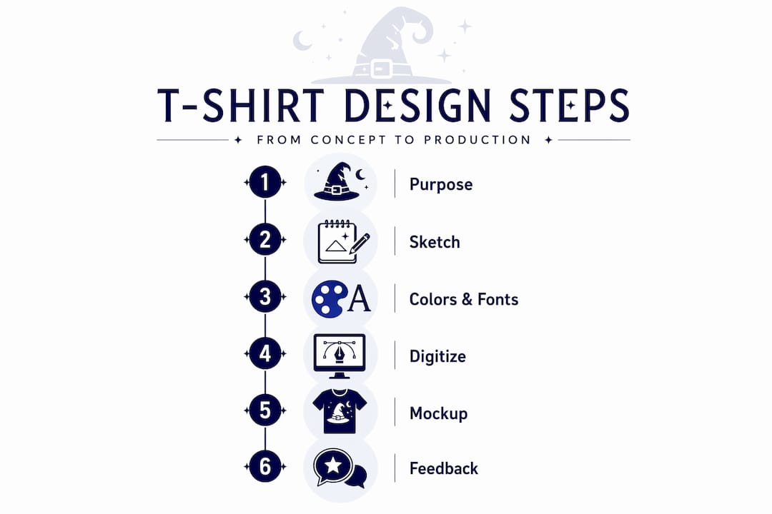 Infographic illustrating six t-shirt design steps