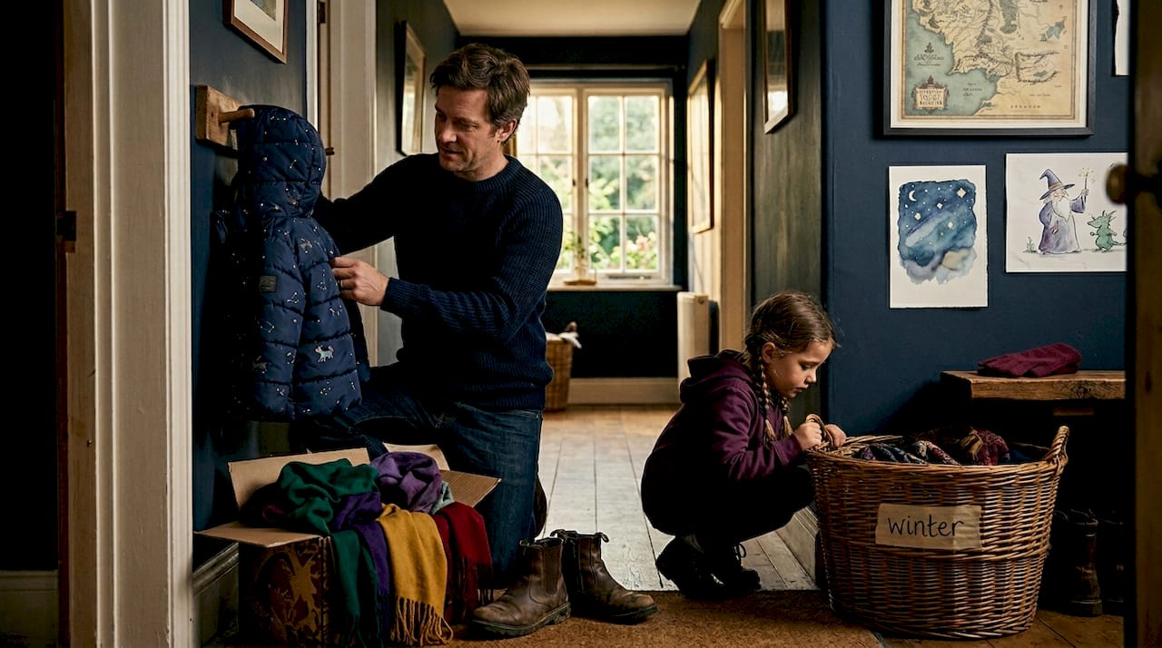Parent hangs coat in busy family hallway