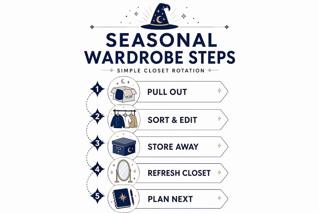 Infographic visualizing five seasonal wardrobe steps