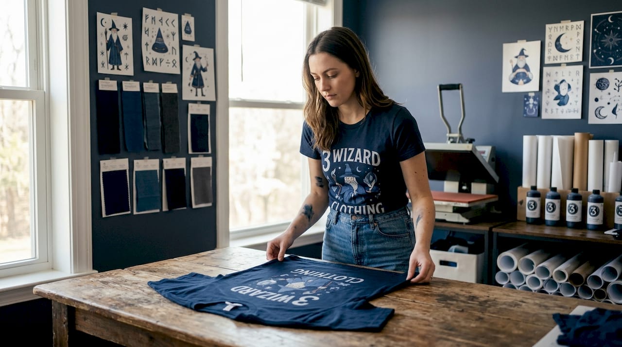 Technician inspecting printable fabrics in studio