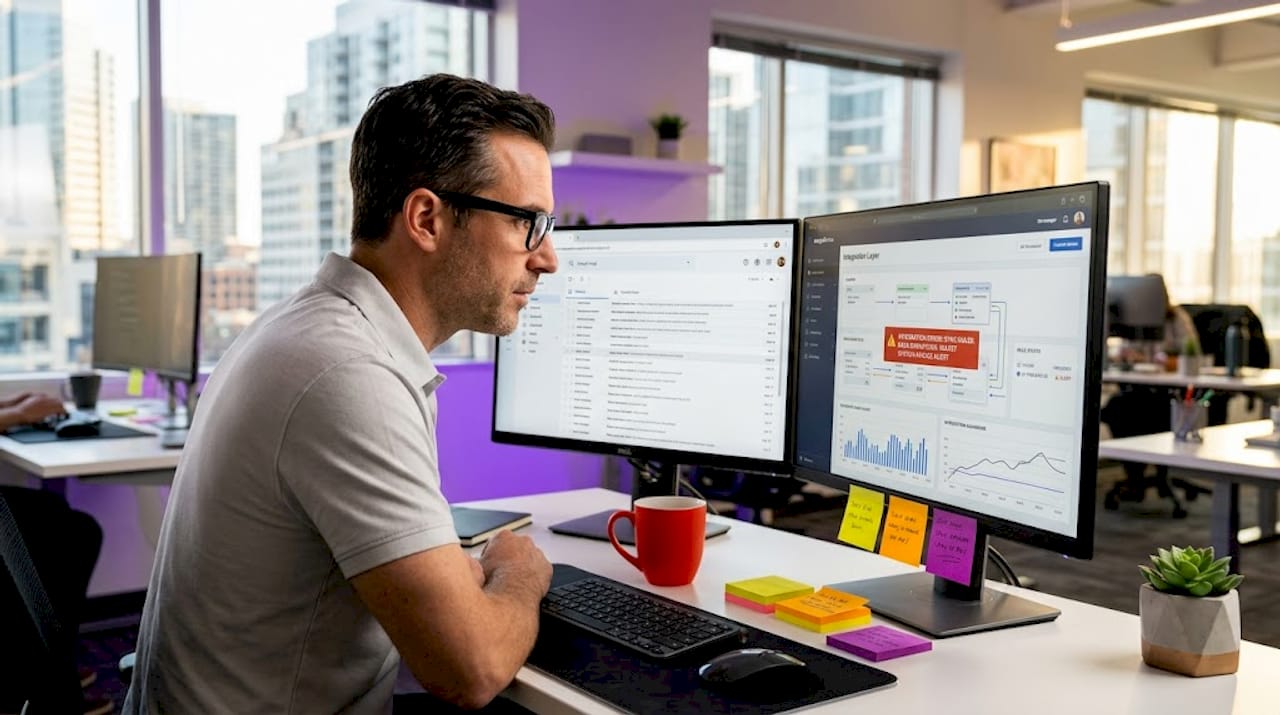 Manager reviewing sync error at standing desk