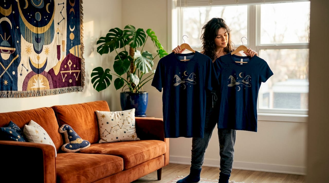 Woman weighing men’s and women’s t-shirt fits