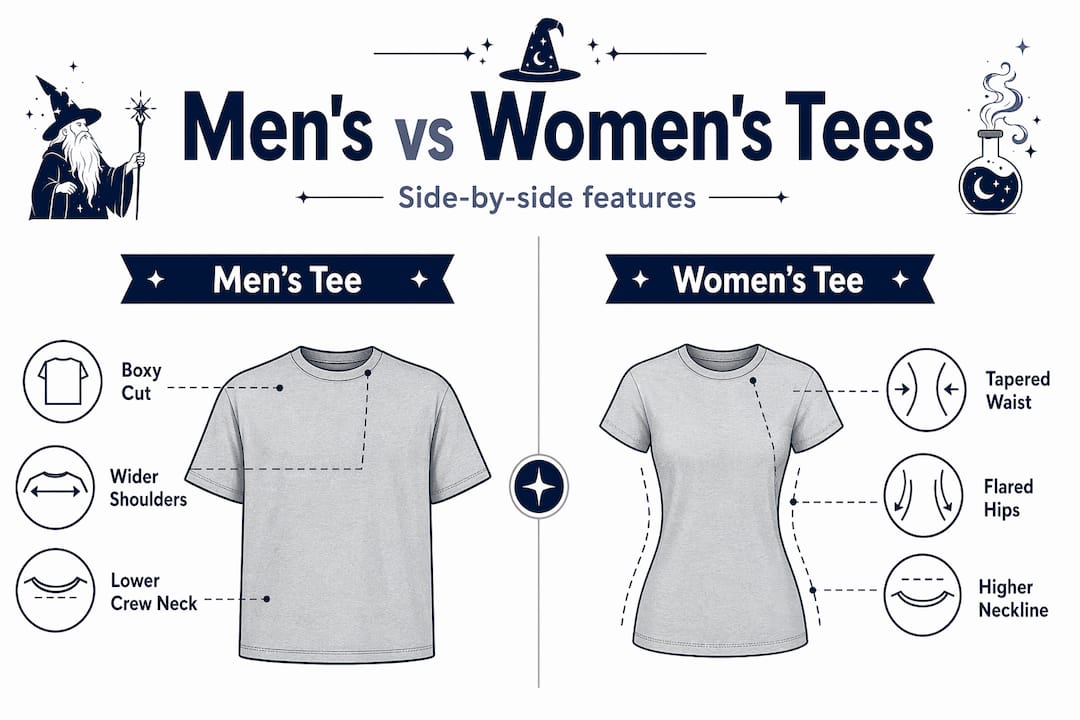 Infographic comparing men’s and women’s tee features