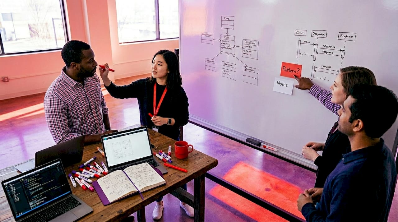 Team collaborating at whiteboard with design diagrams