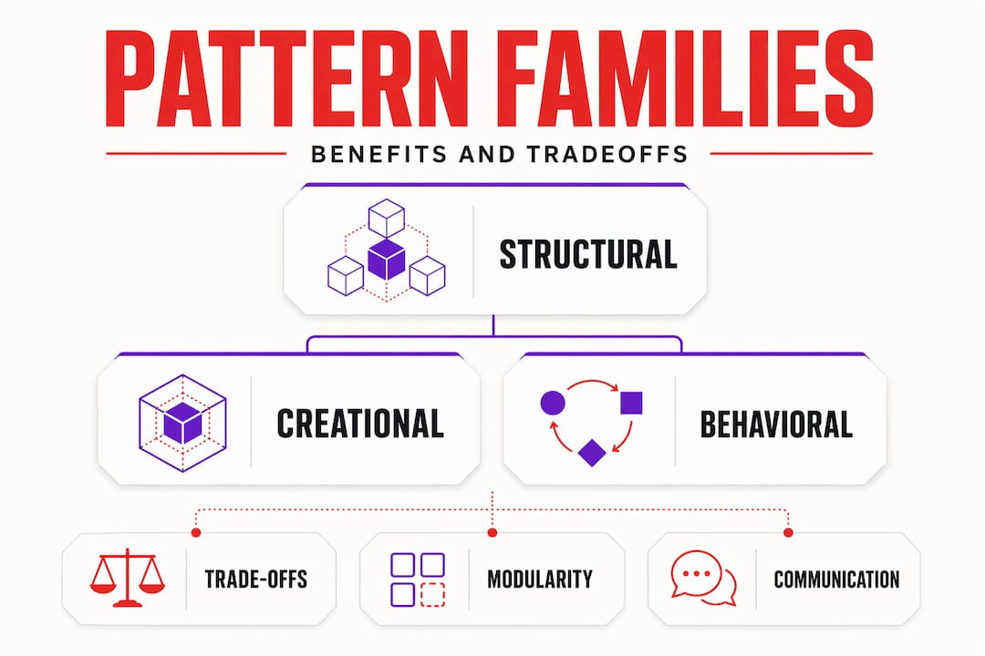 Hierarchy infographic showing design pattern families