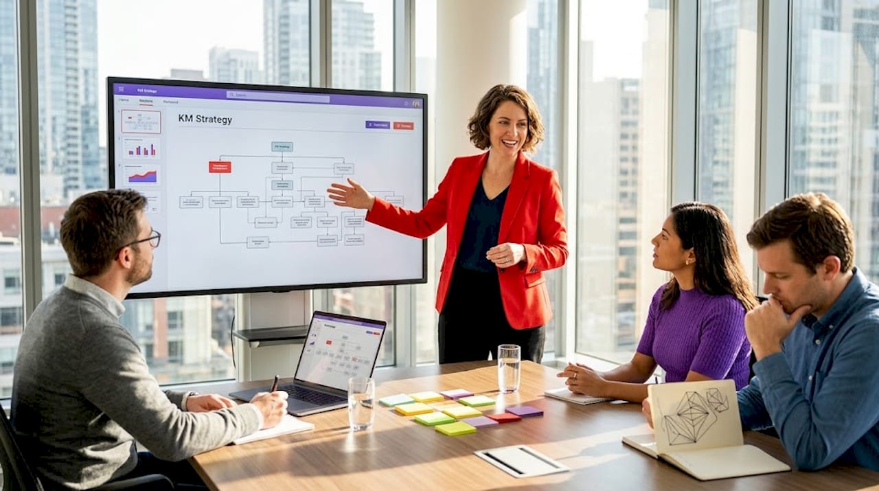 Coworkers discussing knowledge sharing in meeting