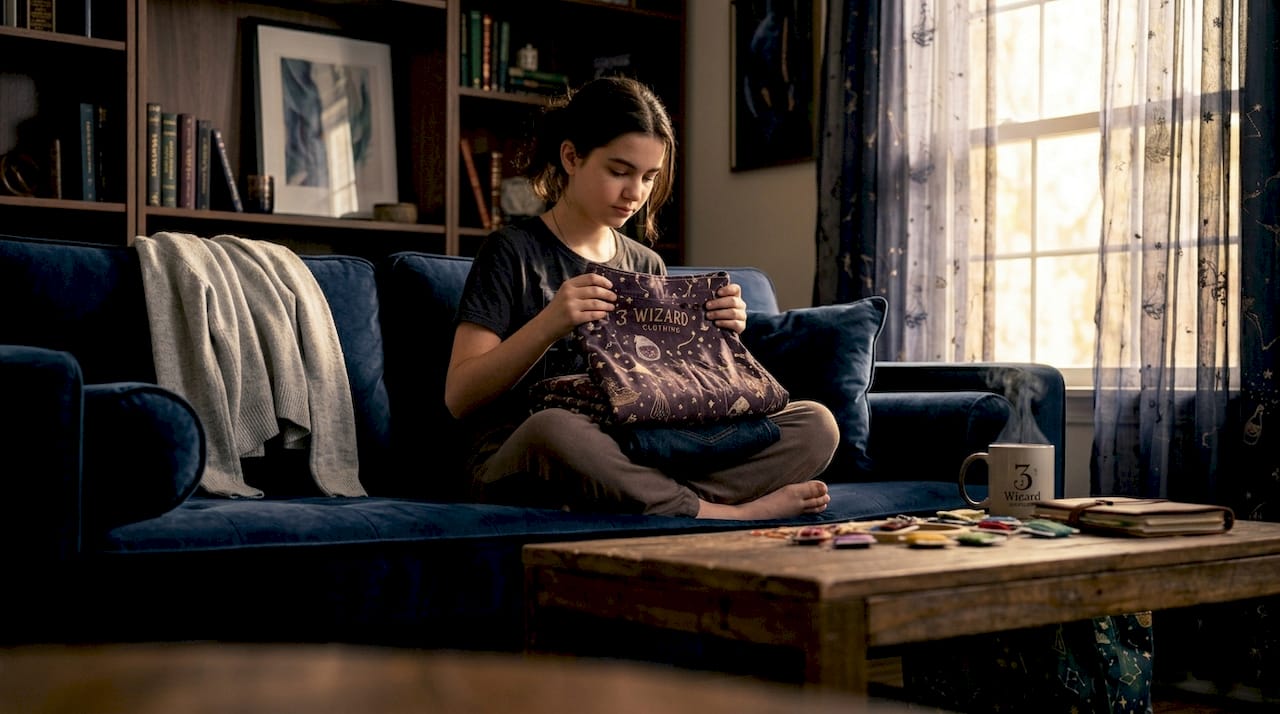 Teen folding fall wardrobe essentials on couch