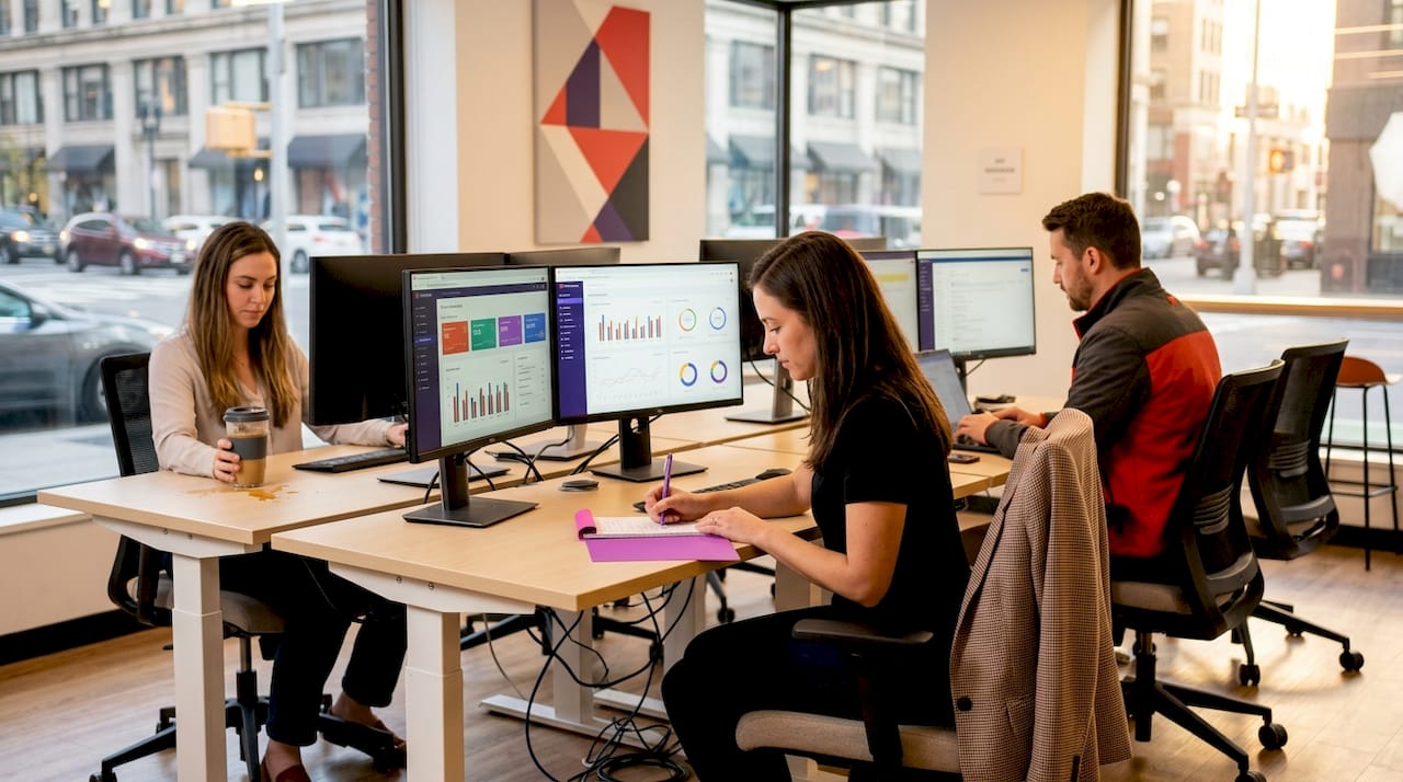 Team members analyzing real-time data dashboards
