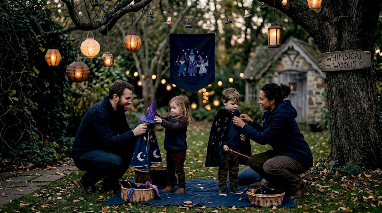 Family preparing costumes for halloween events