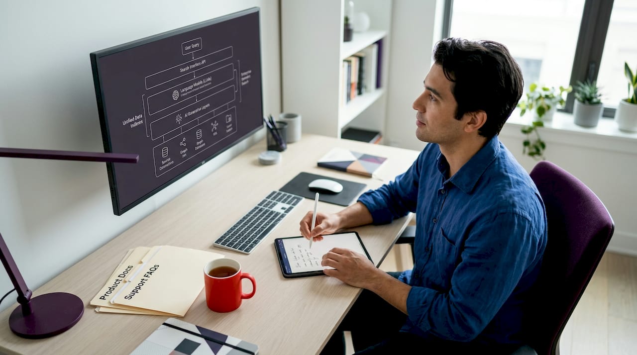 Product manager interacting with semantic search architecture diagram