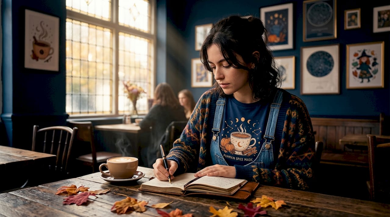 Woman wearing pumpkin spice coffee t-shirt at café