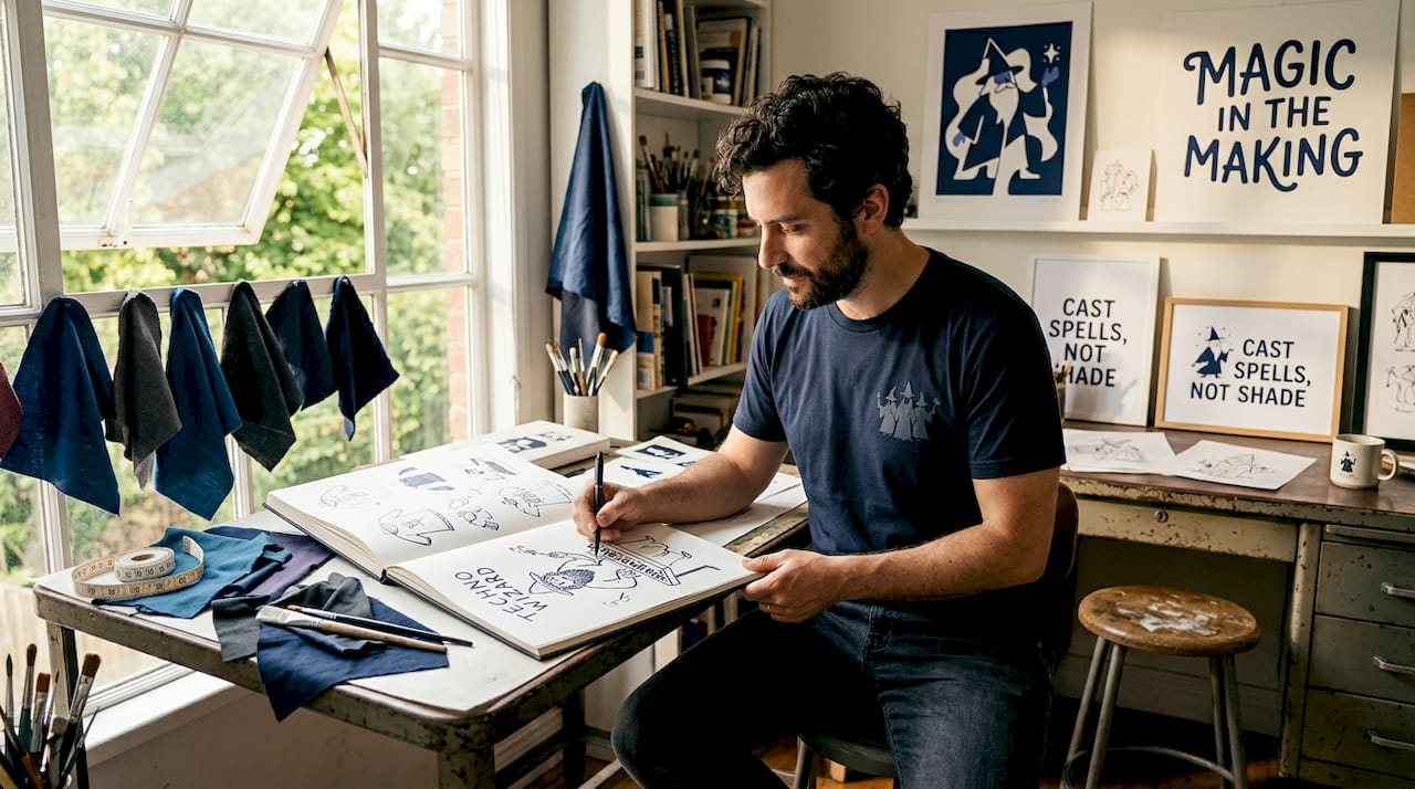 Graphic designer sketching funny apparel concepts