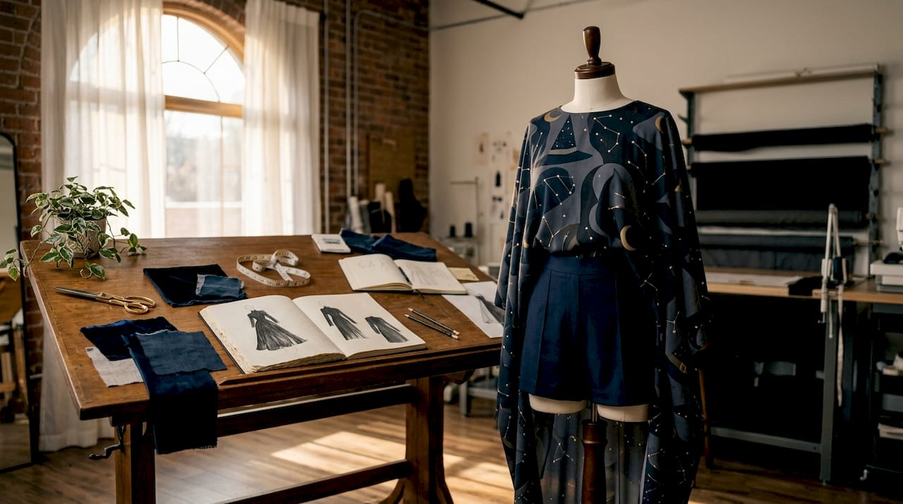 Fashion workspace with mannequin and silhouette sketches
