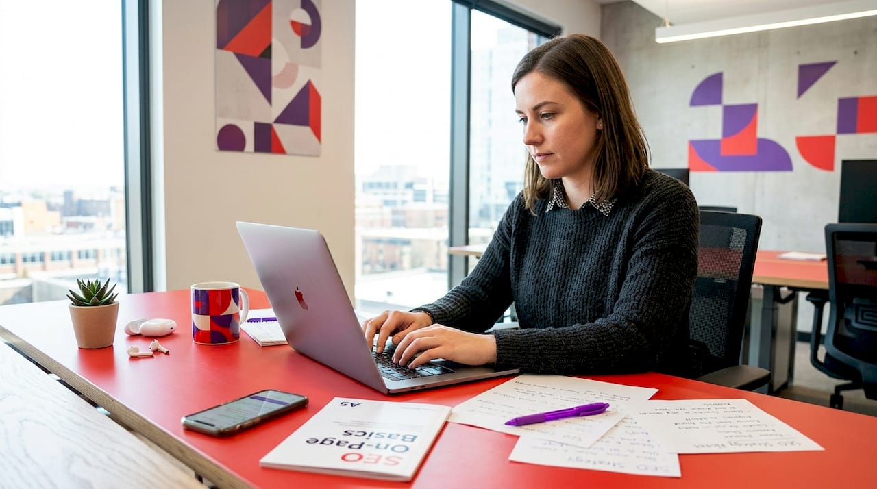 Marketer studying on-page SEO basics on laptop
