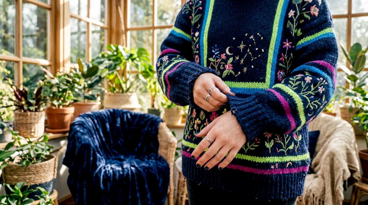 Close-up of colorful textured knit sweater