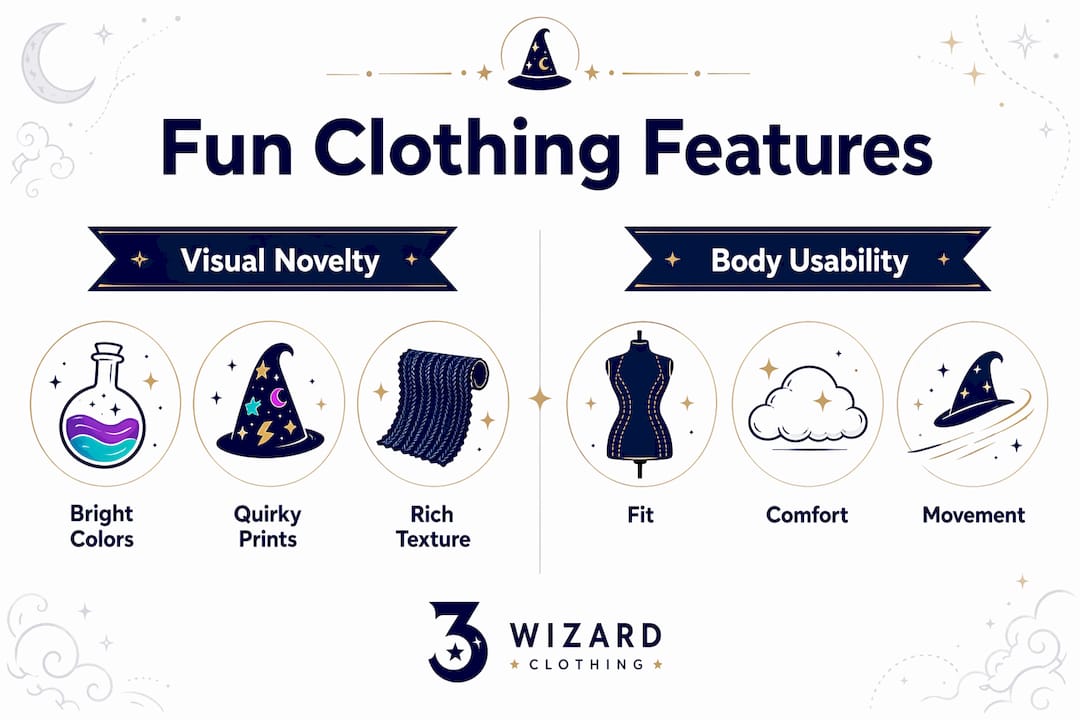 Infographic comparing visual novelty and body usability in fun clothing